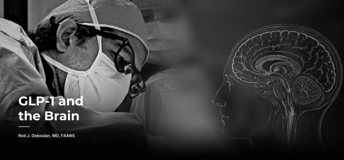 GLP-1 and the Brain: Dr. Oskouian in the operating room beside an engraved anatomical brain