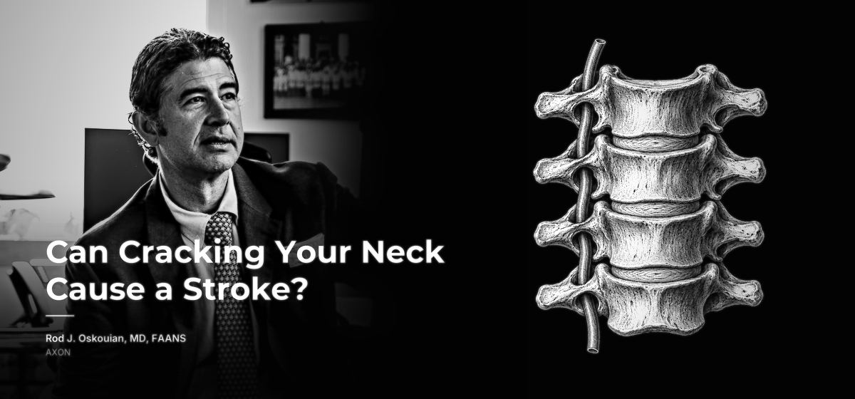 Dr. Rod Oskouian beside an engraving of the neck bones with the vertebral artery climbing through them. AXON, by Rod J. Oskouian, MD, FAANS